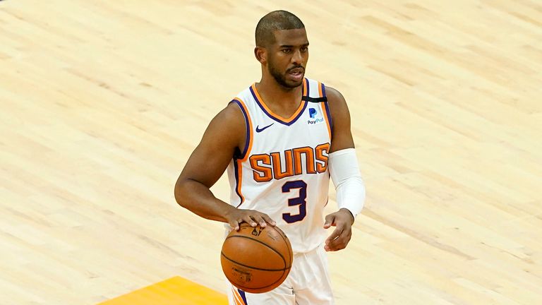 Phoenix Suns guard Chris Paul (3) against the Portland Trail Blazers during the first half of an NBA basketball game, Thursday, May 13, 2021, in Phoenix. 