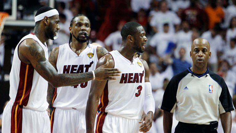 LeBron James, Udonis Haslem and Dwyane Wade during the 2011 NBA FInals