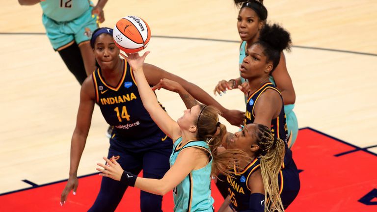 INDIANAPOLIS, INDIANA - MAY 16: Sabrina Ionescu #20 of the New York Liberty takes a shot against the Indiana Fever during the third quarter at Bankers Life Fieldhouse on May 16, 2021 in Indianapolis, Indiana. (Photo by Justin Casterline/Getty Images)