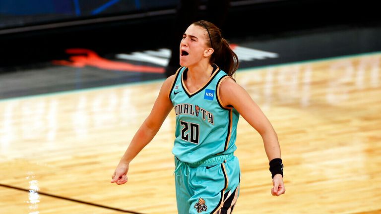 New York Liberty guard Sabrina Ionescu (20) reacts after making the game winning basket against the Indiana Fever during a WNBA basketball game, Friday, May 14, 2021, in New York. (AP Photo/Adam Hunger)
