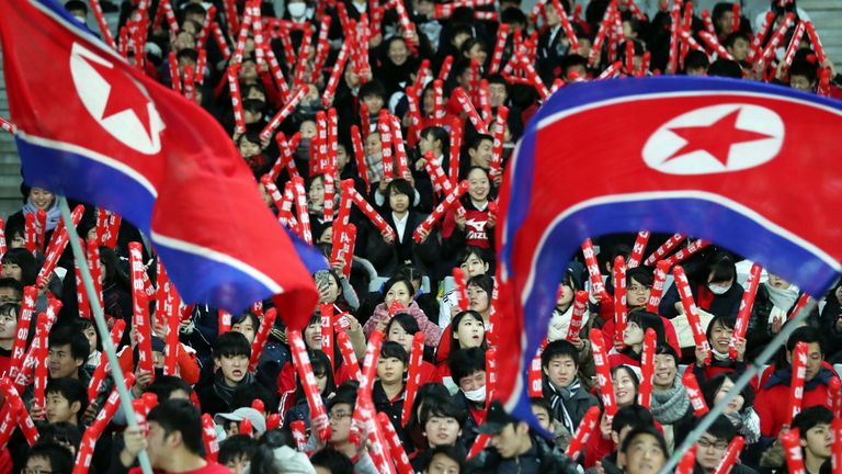 AP - North Korea flag and supporters