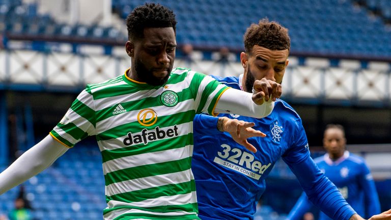 GLASGOW, SCOTLAND - MAY 02: Celtic's Odsonne Edouard and Connor Goldson in action during a Scottish Premiership match between Rangers and Celtic at Ibrox Park, on May 02, 2021, in Glasgow, Scotland. (Photo by Alan Harvey / SNS Group)