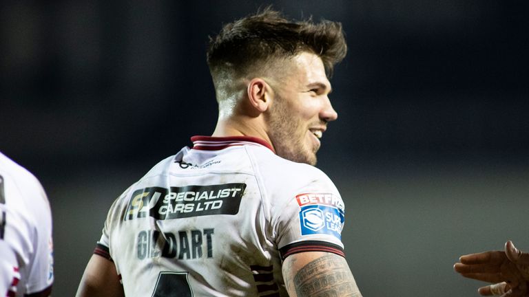 Picture by Isabel Pearce/SWpix.com - 23/10/2020 - Rugby League - Betfred Super League - Wigan Warriors v Salford Red Devils - The Totally Wicked Stadium, Langtree Park, St Helens, England - Oliver Gildart of Wigan celebrates his try.