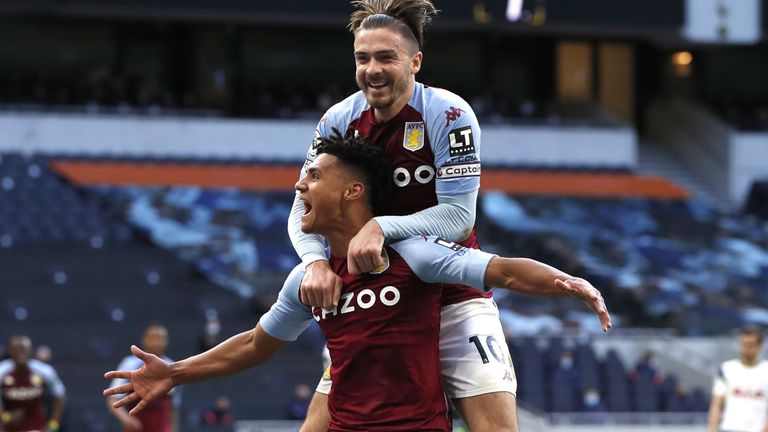 Ollie Watkins celebrates with Jack Grealish after putting Villa 2-1 up