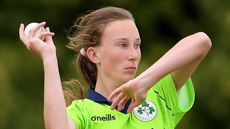 GLASTONBURY, ENGLAND - JULY 17: Orla Prendergast of Ireland bowls during the International Friendly match between England Women's Academy and Ireland at Millfield School on July 17, 2019 in Glastonbury, England. (Photo by Alex Davidson/Getty Image