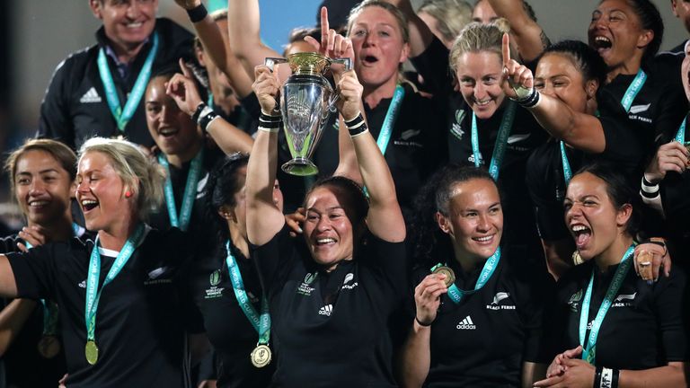 New Zealand's Fiao'o Faamausili lifts the trophy after the 2017 Women's World Cup Final at the Kingspan Stadium, Belfast.
