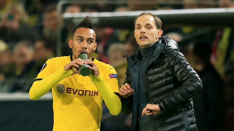 Borussia Dortmund manager Thomas Tuchel with Pierre-Emerick Aubameyang (left)