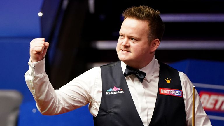 Shaun Murphy celebrates during day 14 of the Betfred World Snooker Championships 2021 at The Crucible, Sheffield