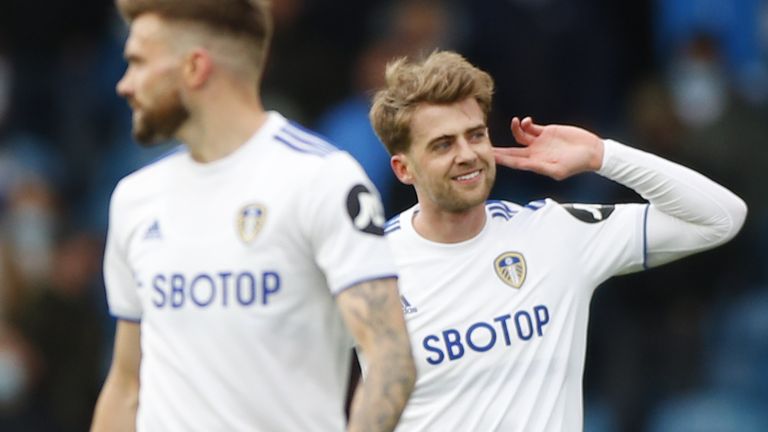 Patrick Bamford gestures after scoring Leeds'  third goal