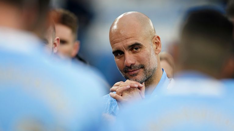 Pep Guardiola is pictured during Man City's title celebrations at the Etihad Stadium (AP)