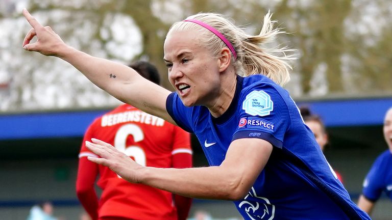 Pernille Harder celebrates putting Chelsea 3-1 up against Bayern Munich