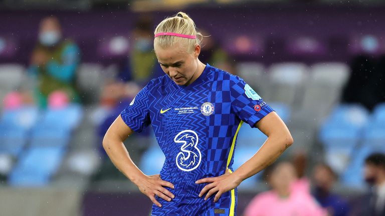 Chelsea&#39;s Pernille Harder looks dejected during the UEFA Women&#39;s Champions League final, at Gamla Ullevi, Gothenburg. Picture date: Sunday May 16, 2021.