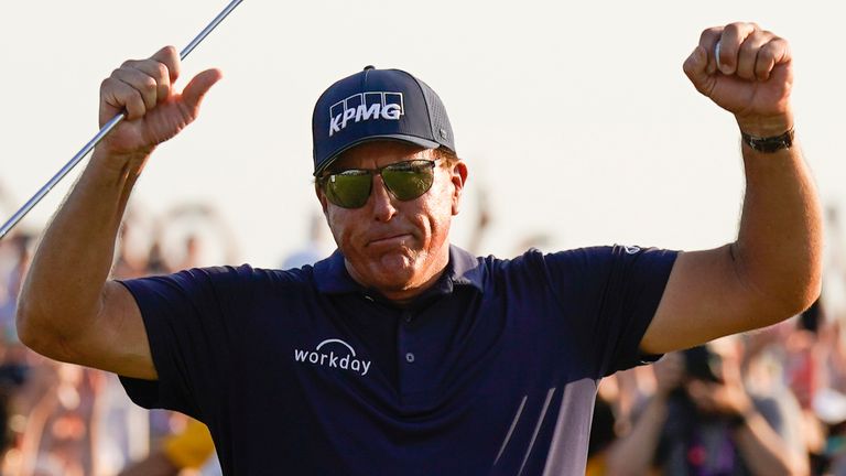 Phil Mickelson celebrates after winning the final round at the PGA Championship golf tournament on the Ocean Course, Sunday, May 23, 2021, in Kiawah Island, S.C. (AP Photo/David J. Phillip)