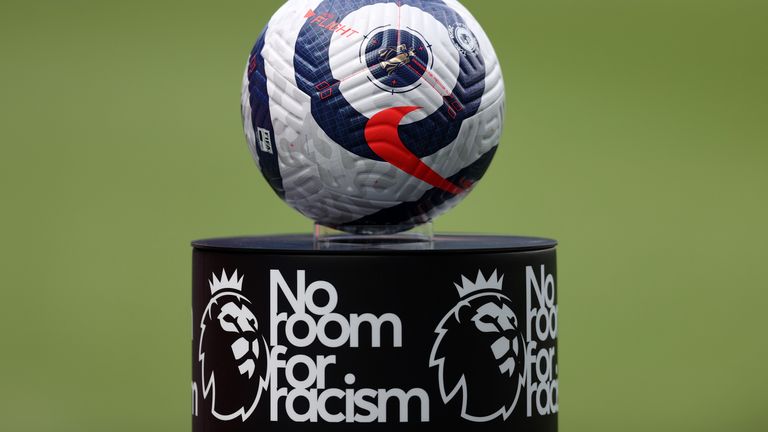 View of a Premier League matchball and plinth with 'No Room for Racism' branding