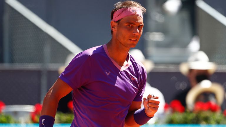 Rafael Nadal of Spain in action during his Men's Singles match, round of 16, against Alexei Popyrin of Australia on the ATP Masters 1000 - Mutua Madrid Open 2021 at La Caja Magica on May 6, 2021 in Madrid, Spain.