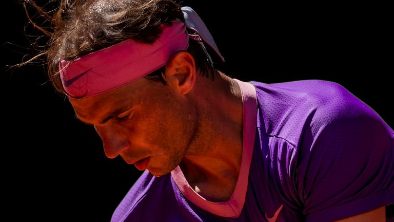 Spain's Rafael Nadal during a tennis match against Germany's Alexander Zverev at the Mutua Madrid Open tennis tournament in Madrid, Spain, Friday, May 7, 2021. (AP Photo/Bernat Armangue)
