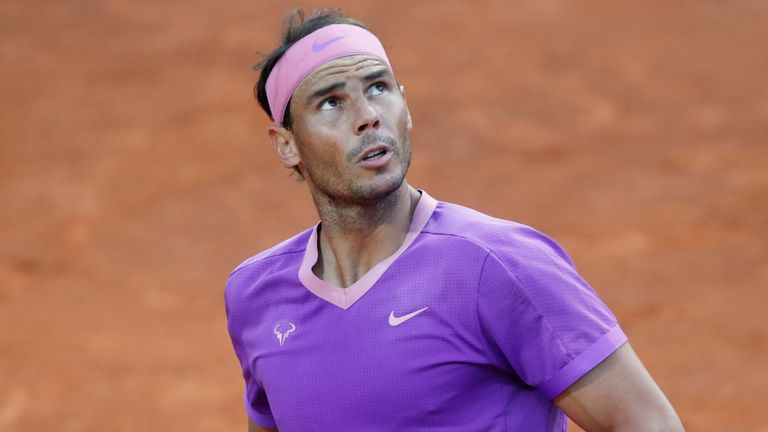 Spain's Rafael Nadal looks up during the match against Italy's Jannik Sinner at the Italian Open tennis tournament, in Rome, Wednesday, May 12, 2021. (AP Photo/Alessandra Tarantino)