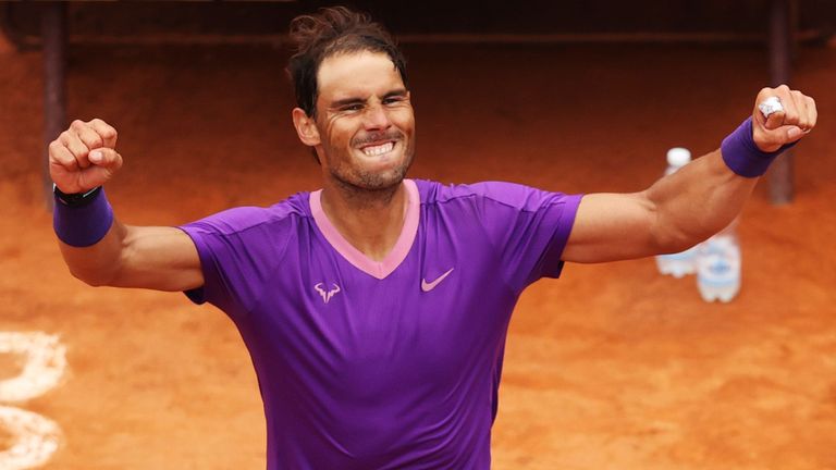 Rafael Nadal of Spain celebrates after defeating Alexander Zverev of Germany in their match on Day Seven of the Internazionali BNL D'Italia at Foro Italico on May 14, 2021 in Rome, Italy. Sporting stadiums around Italy remain under strict restrictions due to the Coronavirus Pandemic as Government social distancing laws prohibit fans inside venues resulting in games being played behind closed doors. (Photo by Clive Brunskill/Getty Images)