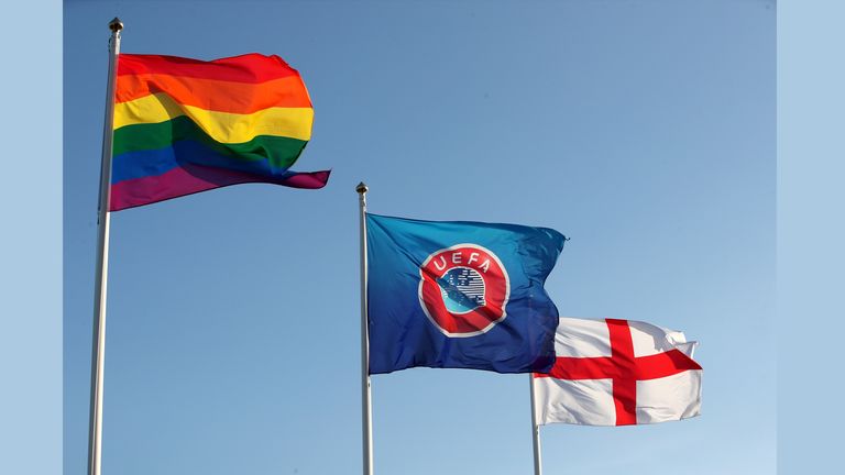 Birmingham City v Manchester City - FA Women&#39;s Super League - St. George&#39;s Park
The Rainbow, UEFA and England flags fly above St George�s Park. Picture date: Sunday February 28,…