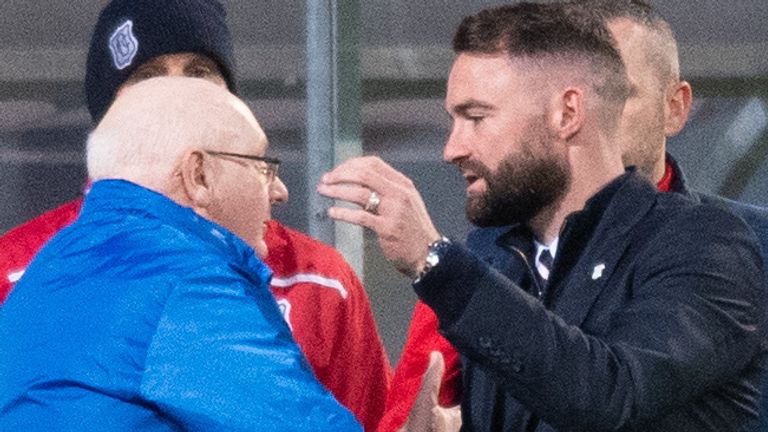 Managers John McGlynn (L) and James McPake at full time during the Scottish Premiership Play Off Final 2nd Leg match between Dundee and Raith Rovers  (SNS)