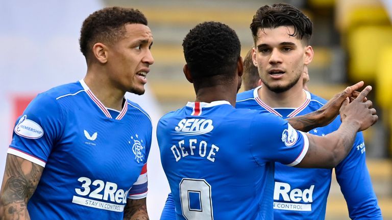 Rangers players celebrate Ianis Hagi's (R) goal to make it 3-0 during the Scottish Premiership match between Livingston and Rangers at the Tony Macaroni Arena