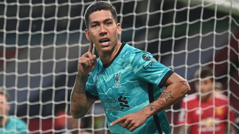 Roberto Firmino celebrates his goal to put Liverpool ahead at Manchester United