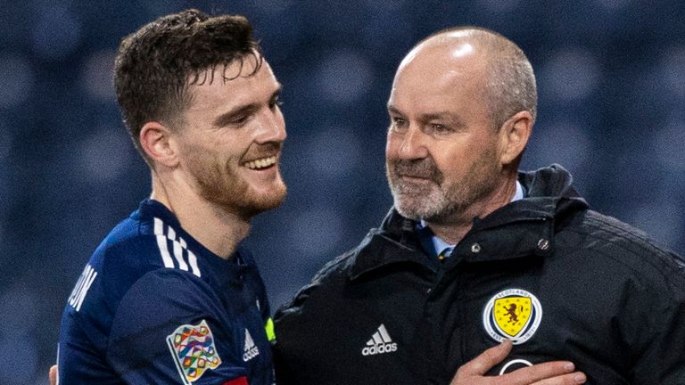 GLASGOW, SCOTLAND - OCTOBER 11: Scotland manager Steve Clarke at full time with Andy Robertson (left) during a Nations League match between Scotland and Slovakia at Hampden Park, on October 11 2020, in Glasgow, Scotland (Photo by Craig Williamson / SNS Group)