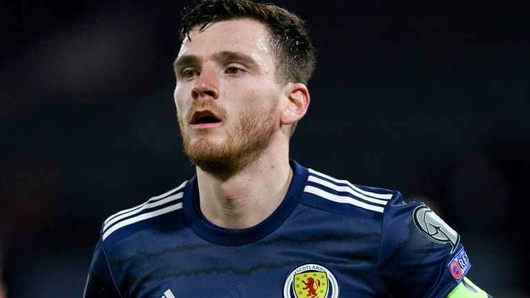 GLASGOW, SCOTLAND - MARCH 25: Andy Robertson  in action for Scotland during a World Cup qualifier between Scotland and Austria at Hampden Park, on March 25, 2021, in Glasgow, Scotland. (Photo by Craig Williamson / SNS Group)