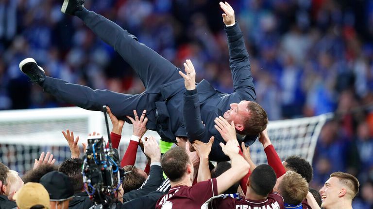 Leicester boss Brendan Rodgers is held aloft after his side&#39;s FA Cup win