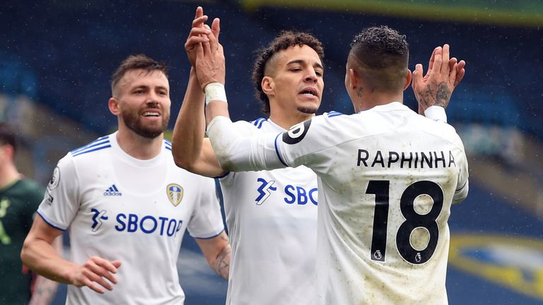Rodrigo (centre) celebrates scoring Leeds' third goal