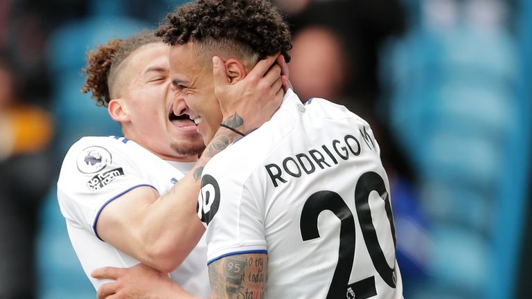 Leeds United's Rodrigo (right) celebrates scoring their side's first goal of the gam