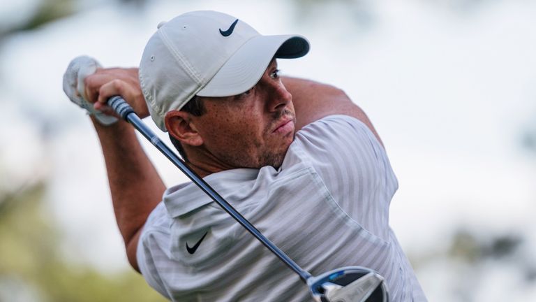 Rory McIlroy watches his tee shot on the 18th hole during the third round of the Wells Fargo Championship golf tournament at Quail Hollow on Saturday, May 8, 2021, in Charlotte, N.C. (AP Photo/Jacob Kupferman)