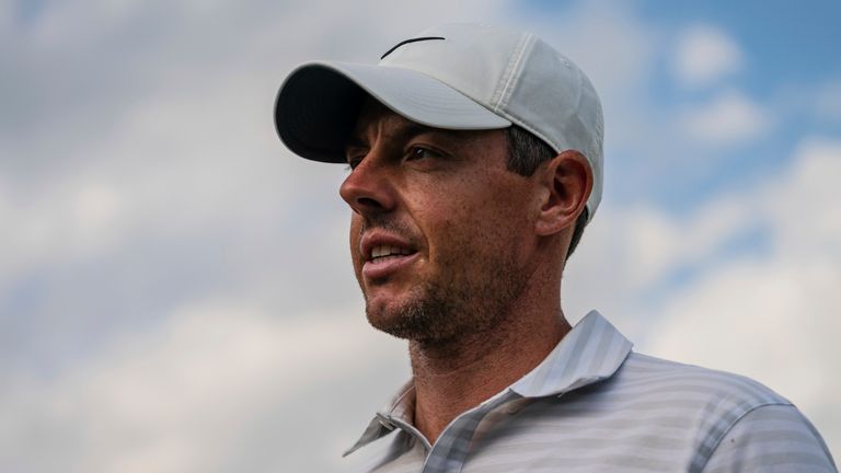 Rory McIlroy walks off after finishing on the 18th hole during the third round of the Wells Fargo Championship golf tournament at Quail Hollow on Saturday, May 8, 2021, in Charlotte, N.C. (AP Photo/Jacob Kupferman)