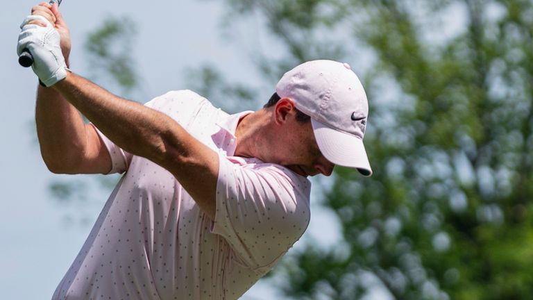 Rory McIlroy tees off on the fourth hole during the fourth round of the Wells Fargo Championship golf tournament at Quail Hollow on Sunday, May 9, 2021, in Charlotte, N.C. (AP Photo/Jacob Kupferman)