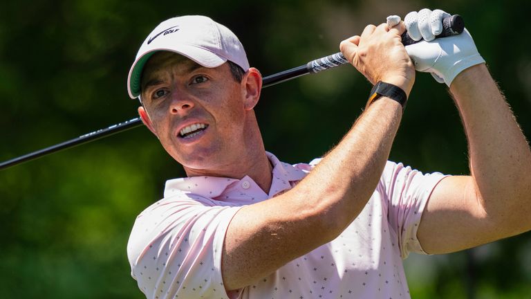 Rory McIlroy tees off on the seventh hole during the fourth round of the Wells Fargo Championship golf tournament at Quail Hollow on Sunday, May 9, 2021, in Charlotte, N.C. (AP Photo/Jacob Kupferman)