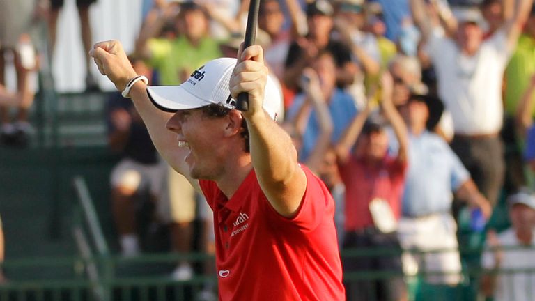 Rory McIlroy of Northern Ireland reacts to his victory on the 18th green in the final round of the PGA Championship golf tournament on the Ocean Course of the Kiawah Island Golf Resort in Kiawah Island, S.C., Sunday, Aug. 12, 2012. (AP Photo/John Raoux)