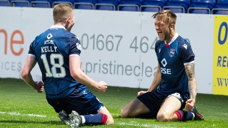 Ross County's Charlie Lakin celebrates making it 2-1 during the Scottish Premiership match between Ross County and Hamilton at the Global Energy Stadium