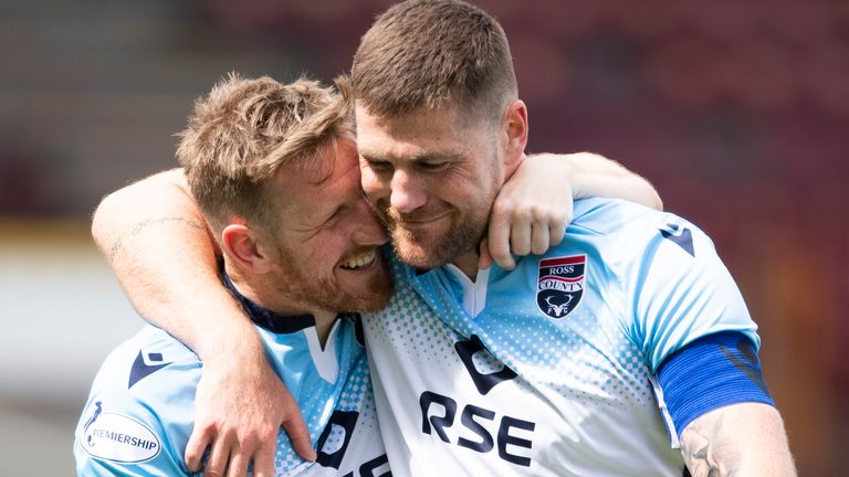 MOTHERWELL, SCOTLAND - MAY 16: Ross County's Michael Gardyne and Iain Vigurs at full time during the Scottish Premiership match between Motherwell and Ross County  at Fir Park, on May 16, 2021, in Motherwell, Scotland. (Photo by Ross MacDonald / SNS Group)