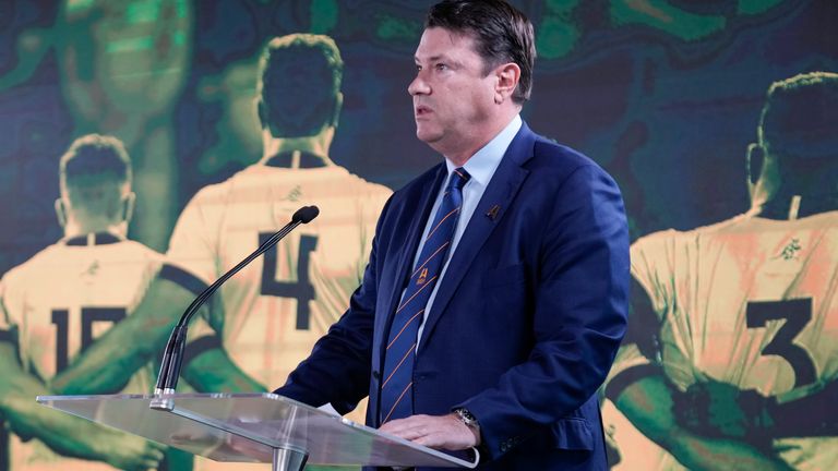 Rugby Australia chairman Hamish McLennan addresses a media event in Sydney where Australia formally announced its bid to host the 2027 Rugby World Cup