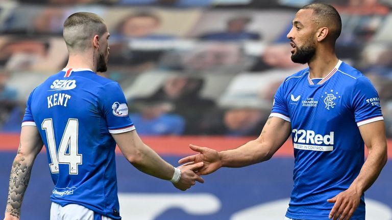 Kemar Roofe celebrates with Ryan Kent after making it 3-0 to Rangers against Aberdeen