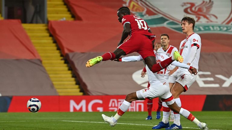Sadio Mane rises to score Liverpool&#39;s opener at Anfield