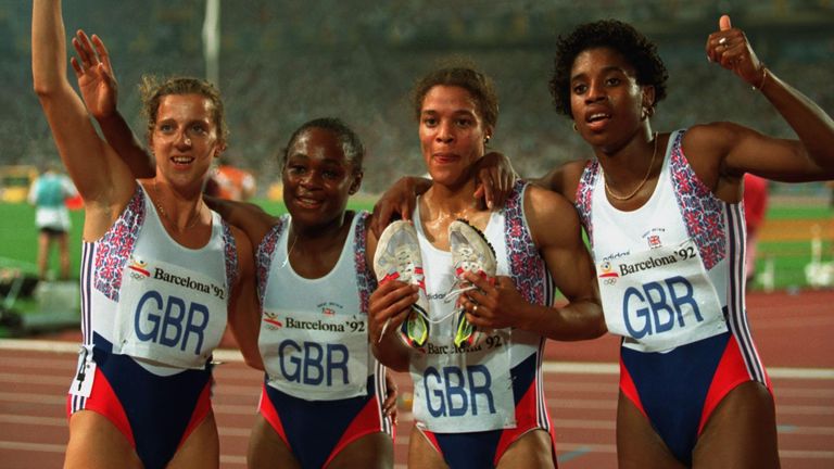 Great Britain's Bronze medal winners celebrate after victory in the 4x400m Olympic event in Barcelona. L/R: Sally Gunnell, Sandra Douglas, Phylis Smith and Jennifer Stoute.