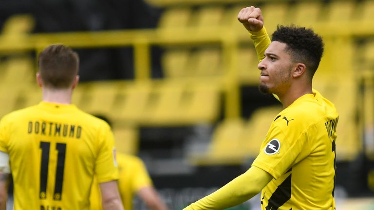 Jadon Sancho celebrates scoring for Borussia Dortmund against RB Leipzig