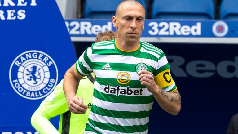 GLASGOW, SCOTLAND - MAY 02: Celtic Captain Scott Brown runs out for his last Old Firm during a Scottish Premiership match between Rangers and Celtic at Ibrox Park, on May 02, 2021, in Glasgow, Scotland. (Photo by Alan Harvey / SNS Group)
