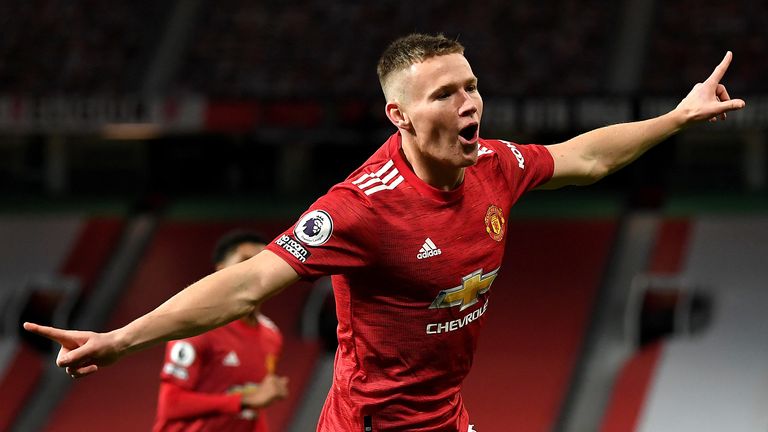 Manchester United&#39;s Scott McTominay celebrates scoring his side&#39;s second goal of the game during the Premier League match at Old Trafford, Manchester.