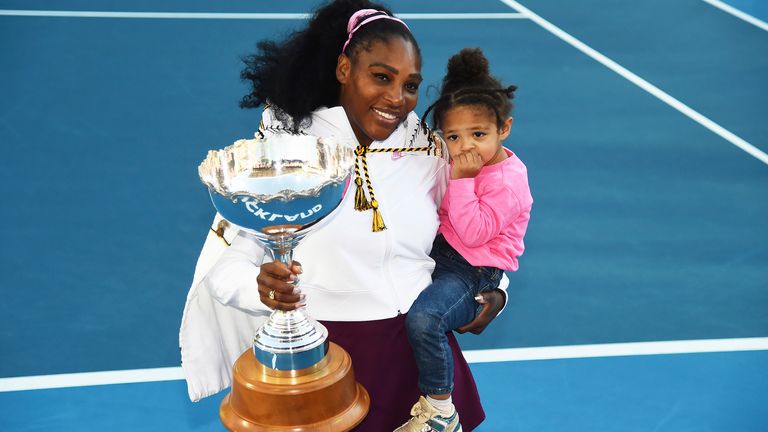 Serena Williams from the United States with daughter Alexis Olympia Ohanian Jr and the ASB trophy after winning her singles finals match against United States Jessica Pegula at the ASB Classic in Auckland, New Zealand, Sunday, Jan 12, 2020. (Chris Symes/Photosport via AP)..