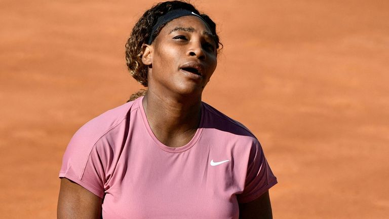 Serena Williams reacts after losing to Argentina's Nadia Podoroska during their match of the Women's Italian Open at Foro Italico on May 12, 2021 in Rome. (Photo by Filippo MONTEFORTE / AFP) (Photo by FILIPPO MONTEFORTE/AFP via Getty Images)