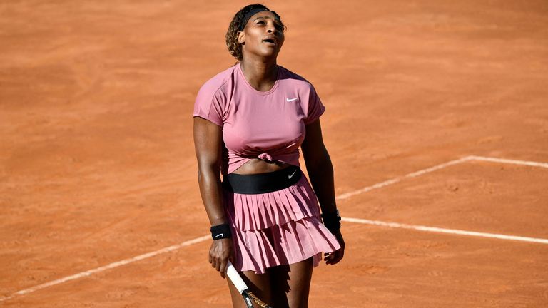 Serena Williams reacts after losing to Argentina's Nadia Podoroska during their match of the Women's Italian Open at Foro Italico on May 12, 2021 in Rome. (Photo by Filippo MONTEFORTE / AFP) (Photo by FILIPPO MONTEFORTE/AFP via Getty Images)