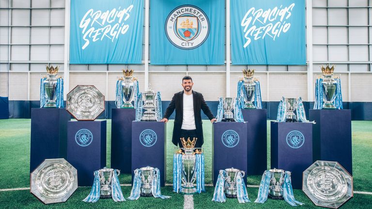 Sergio Aguero pictured with all 15 of the trophies he has won during his time at Manchester City