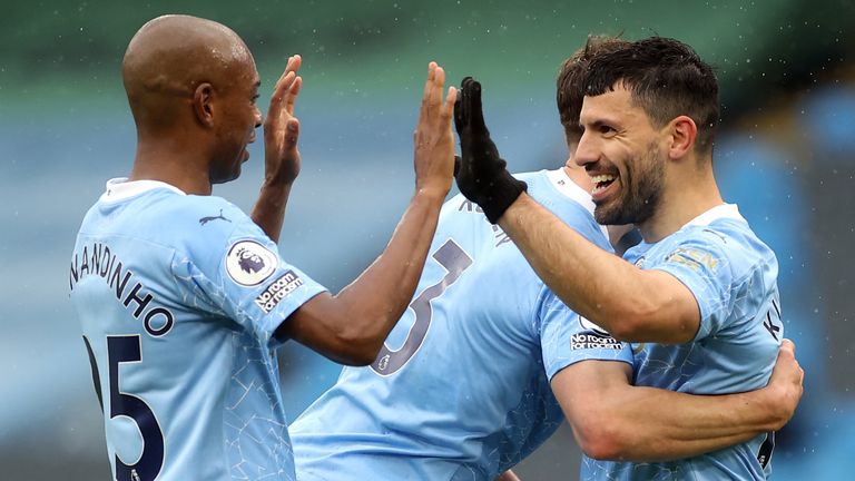 Sergio Aguero celebrates his second goal